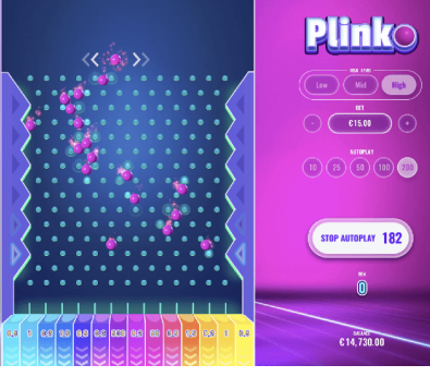 Plinko von Ela Games - mit einem Trichter-Setup und einem beweglichen Ball-Einwurf oberhalb des Spiels