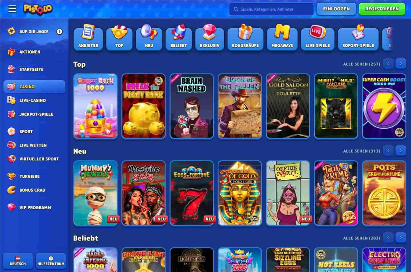 Das Pistolo Casino sorgt zudem für Abwechslung und Spannung. Du kannst dich auf eine ausgezeichnete Auswahl an Tischspielen wie Roulette und verschiedenen Varianten von Poker freuen. Zu den Klassikern zählen auch Bingo, Solitaire und Mahjong.